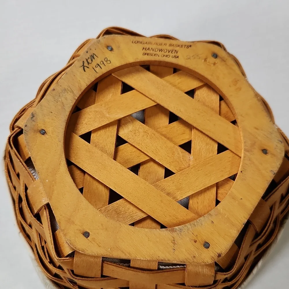 1998 Longaberger Hexagonal Basket With Flowered Liner and Plastic Insert